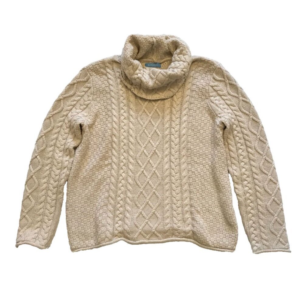 Burgess Cable Knit Fisherman Sweater Womens Small Cream Turtleneck Long Sleeve